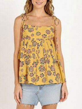 Free People Indigo Molly Babydoll Tunic Top Floral Boho Tassel Yellow Shirt S